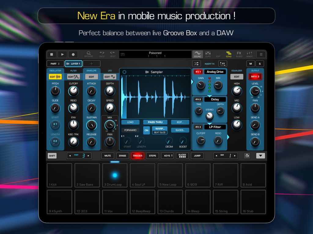 Groove Rider 2 - Interfaccia di produzione musicale professionale Groove Rider 2 su iPad con forma d'onda del campionatore e griglia di drum pad