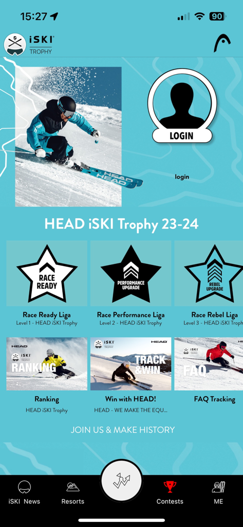 iSKI Japan -  Ski/Snow Guide - HEAD iSKI Trophy screen in the iSKI Japan app showing various racing leagues and rankings