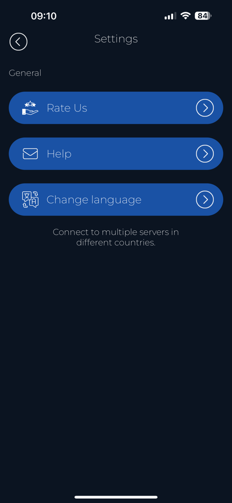 Kiko VPN app settings screen showing rate us help and language change options
