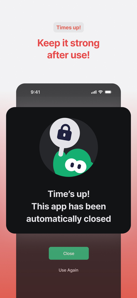 Turning: Screen Time & Routine - A notification screen from the Turning app stating that the screen time limit is up and the app has been automatically closed.
