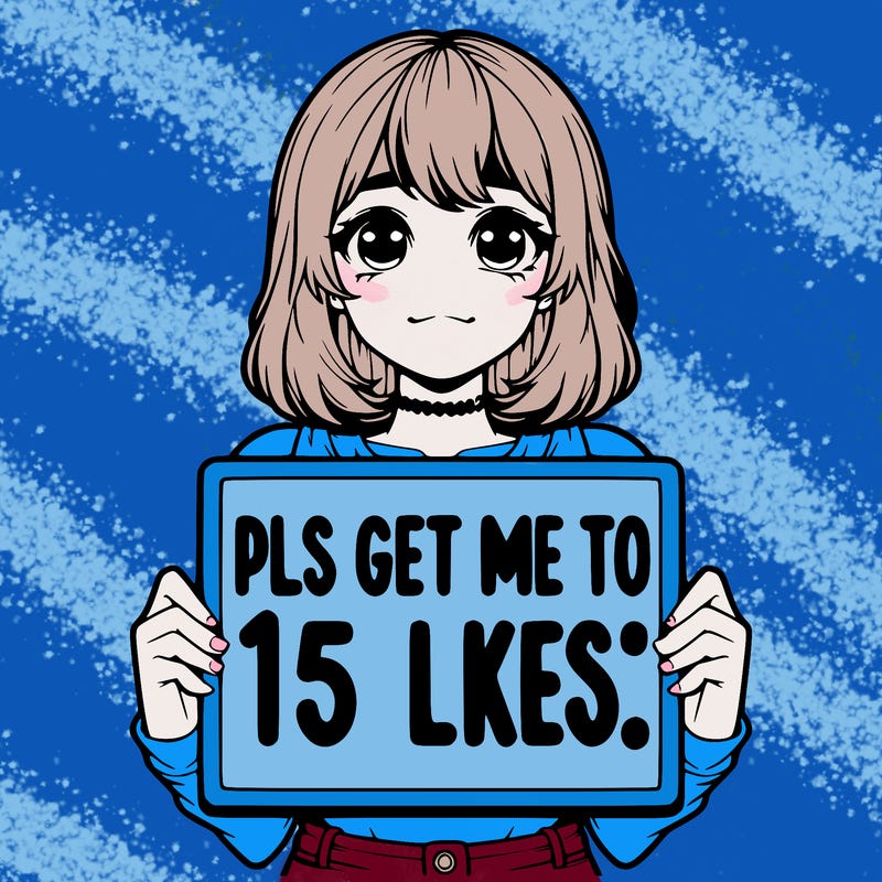 realistic girl holding up a sign that says “pls get me to 15 likes!”