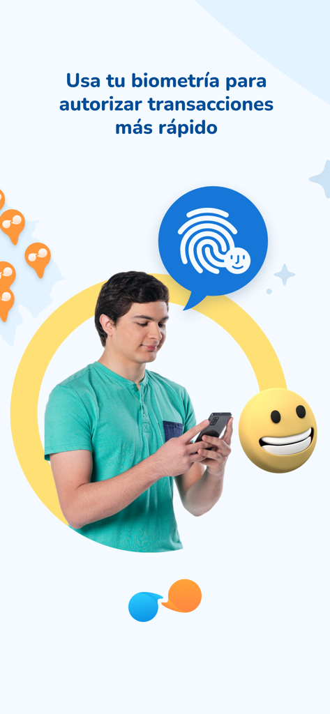 Yappy - Una persona usando la aplicación Yappy con gráficos que muestran el reconocimiento facial y de huellas dactilares biométricas para una rápida autorización de transacciones