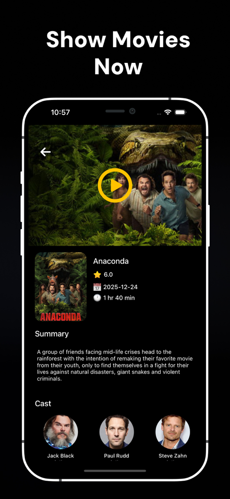 Rave - Movies & TV Shows - Page d'informations sur le film de l'application Rave pour Anaconda montrant la bande-annonce, le résumé et les membres de la distribution.