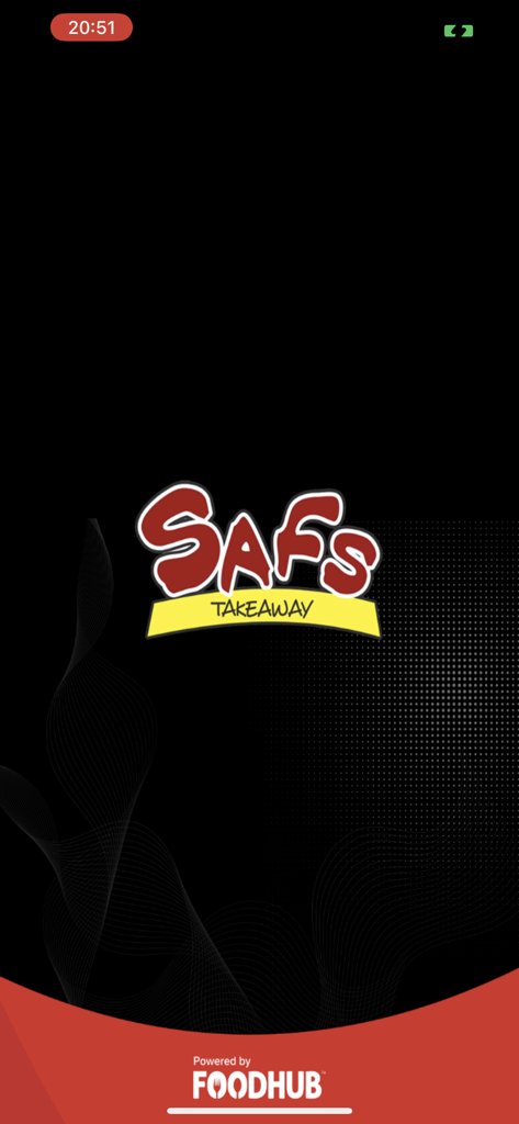 SAFS Takeaway Studley. - Pantalla de bienvenida de la aplicación móvil SAFS Takeaway Studley con el logo de la empresa y marca Powered by Foodhub.