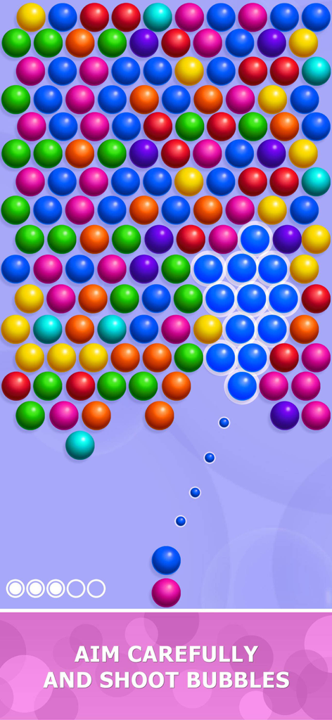 In-game view of Bubblez Magic Bubble Quest showing a blue bubble being aimed at a matching cluster to pop them
