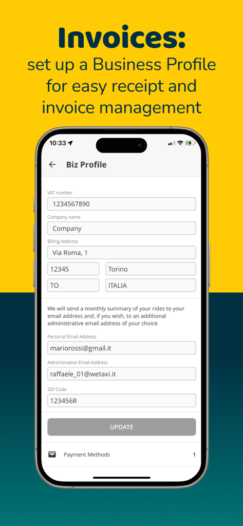 Écran de l'application Wetaxi montrant la configuration d'un profil professionnel pour gérer les reçus de taxi et les factures automatisées.