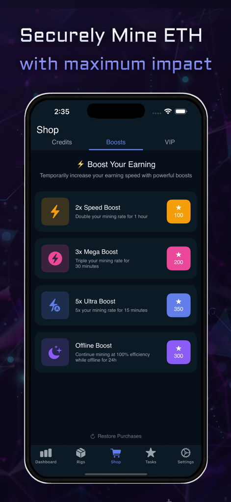 Pantalla de la tienda en la aplicación de simulación de minería de Ethereum mostrando potenciadores de velocidad para aumentar las tasas de ganancia virtual.