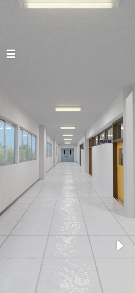 脱出ゲーム文化祭アプリの明るい白いミニマリストの学校の廊下。