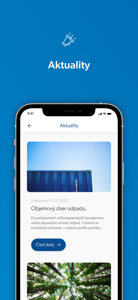 ベルノラコボ自治体アプリのニュースセクションを表示するスマートフォンの画面。地域のゴミ収集に関するアップデートが含まれています。