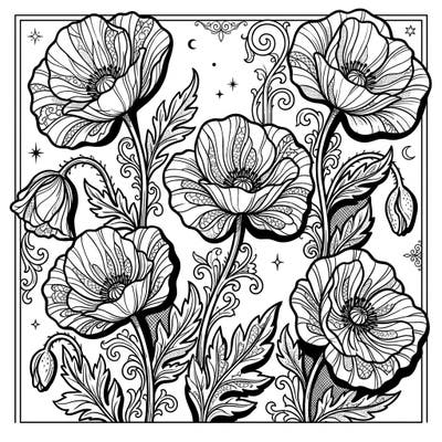 Explore the captivating beauty of Flanders poppies reimagined in a striking Gothic aesthetic. This intricate coloring page invites you to delve into a world of dramatic shadows and delicate Victorian lace patterns.