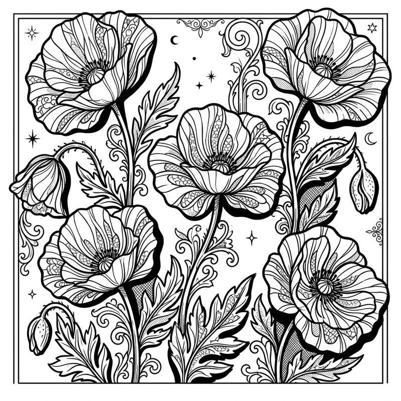 Explore the captivating beauty of Flanders poppies reimagined in a striking Gothic aesthetic. This intricate coloring page invites you to delve into a world of dramatic shadows and delicate Victorian lace patterns.