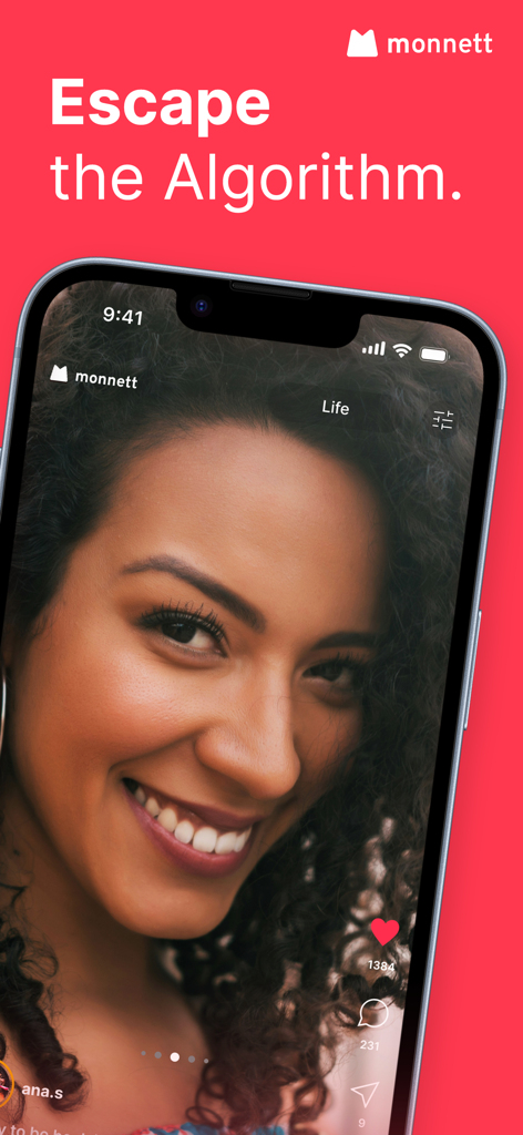 monnett - Un smartphone mostrando el retrato de una mujer sonriente en la aplicación de redes sociales monnett bajo el titular Escapa del Algoritmo.