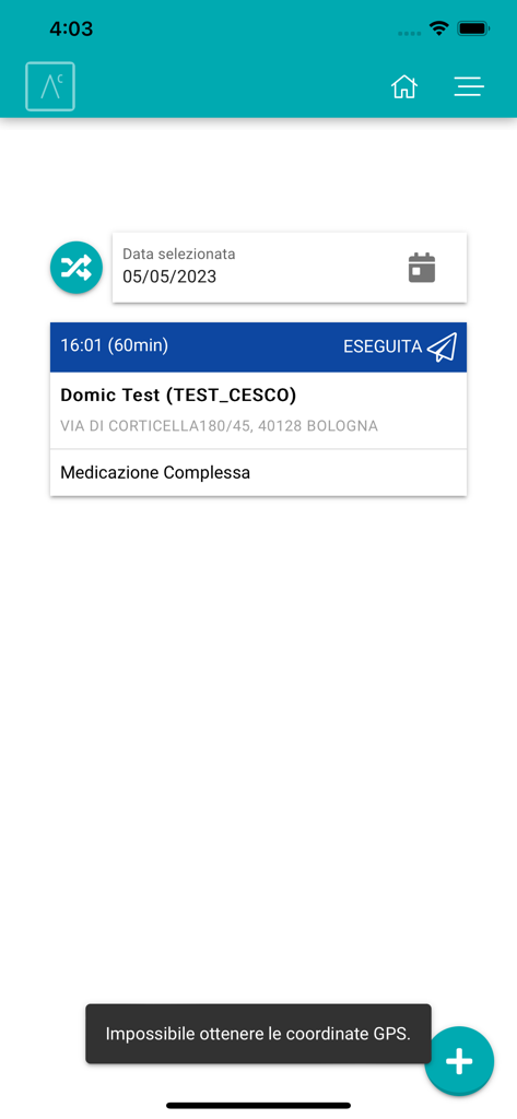 Advenias Care Domiciliare - Schermata mobile di Advenias Care Domiciliare che mostra una visita domiciliare programmata con la posizione del paziente e i dettagli del compito.