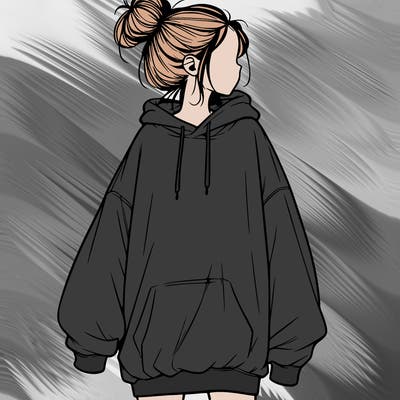 realistic girl with a oversized sweatshirt on and a bun