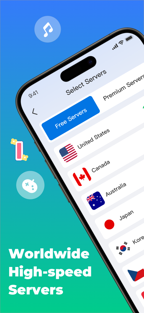 Fly VPN app interface displaying a list of worldwide high-speed servers including United States, Canada, and Australia.