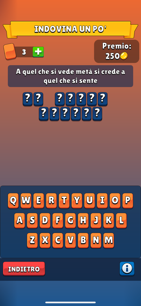 Schermata del mini-gioco di cruciverba nell'app del gioco di carte Tressette