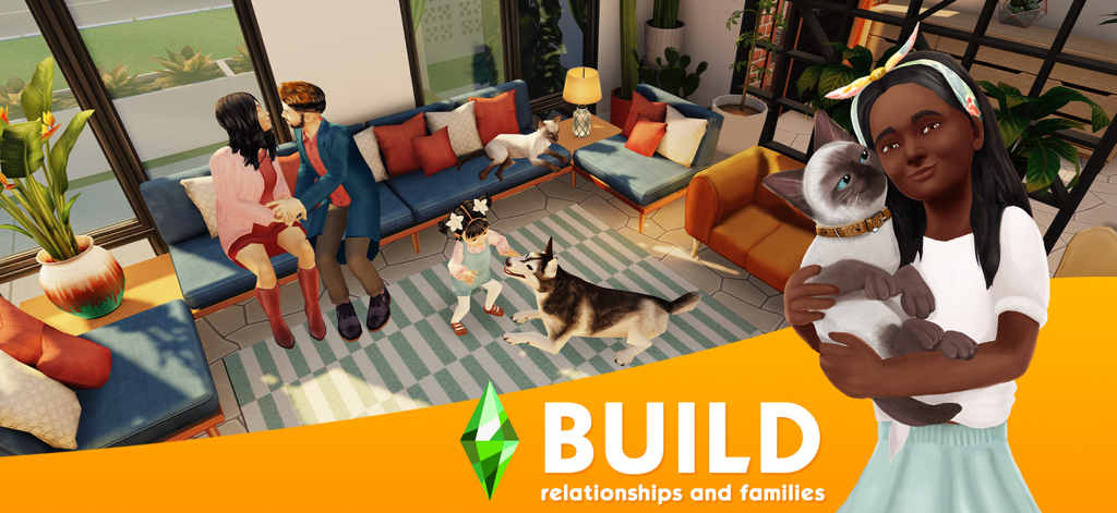 Familia diversa de Sims y mascotas en una elegante sala de estar con el texto Construye relaciones y familias
