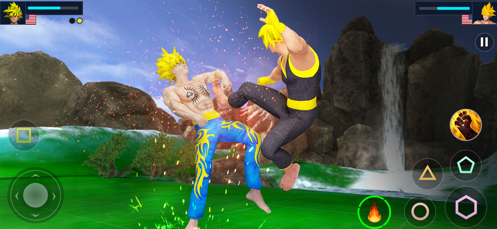 Anime Battle 3D Fighting Games - Two anime characters engaged in a 3D martial arts battle with a waterfall background