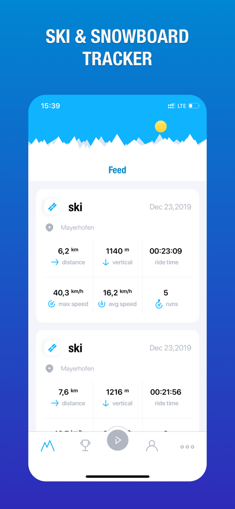 Ski & snowboard tracker - Flux d'activité de l'application Snowduck montrant des statistiques et des métriques de ski