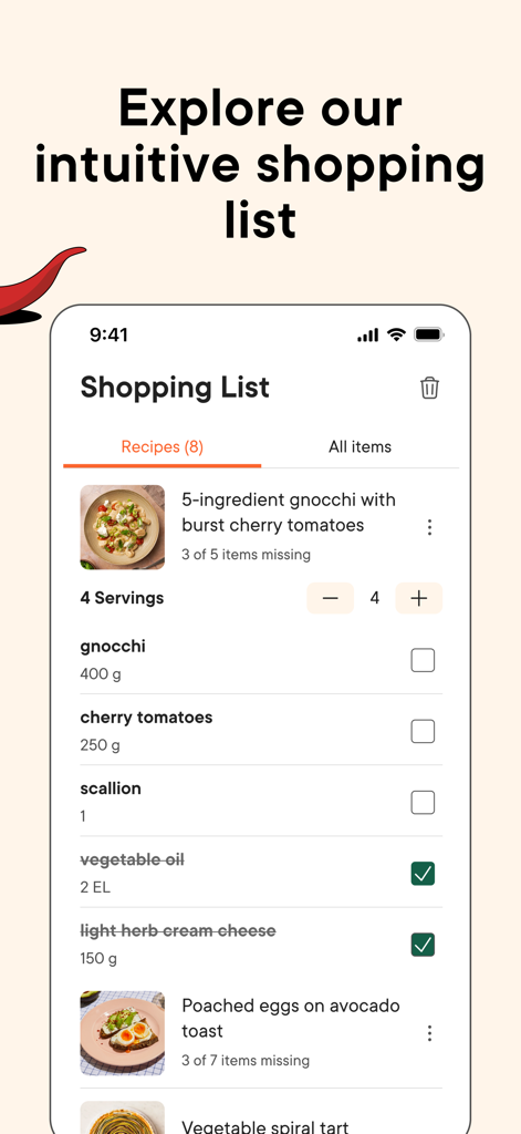 Interfaccia dell'app Kitchen Stories che mostra una lista della spesa intuitiva organizzata per ricetta con caselle di controllo degli ingredienti