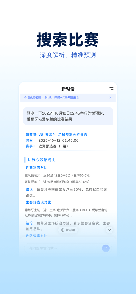 Foretell-体育AI智能助手 - Foretell mobile app interface showing an AI-generated soccer match analysis report with team performance statistics.