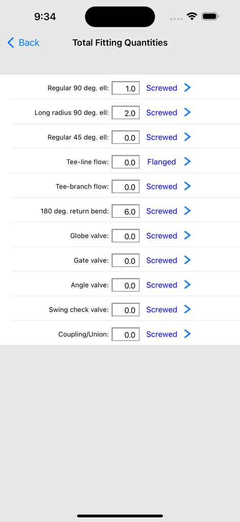 HVAC Pipe Sizer - Liquid - Total fitting quantities screen in the HVAC Pipe Sizer Liquid app showing various pipe fitting inputs