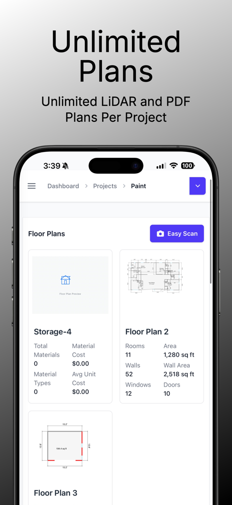 EasyEstimate - Cost Estimation - Mobile app dashboard displaying floor plan details and project measurements for contractors