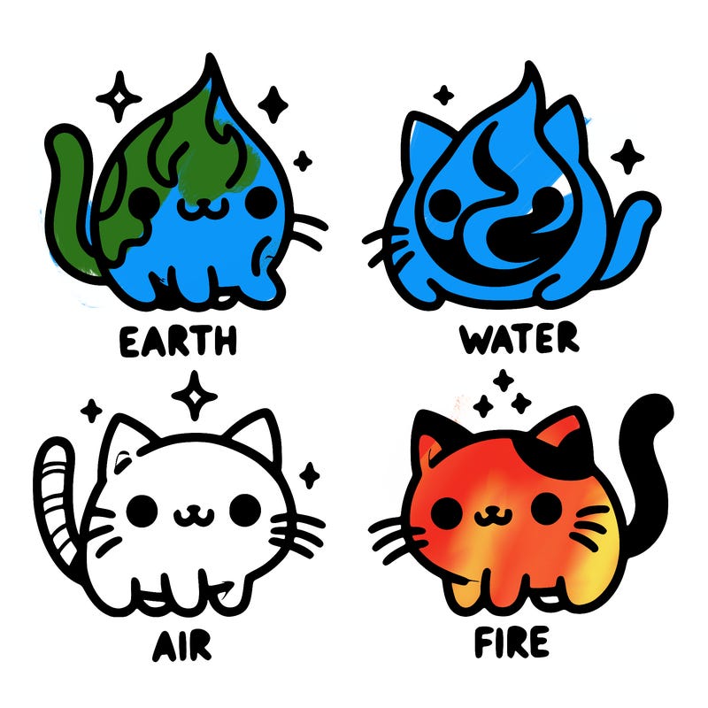 4 cats that represent the different elements, earth, water, air, and fire