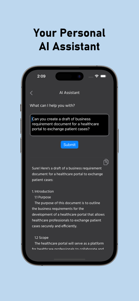 Um smartphone mostrando o aplicativo assistente de IA gerando um rascunho de documento de requisitos de negócios.