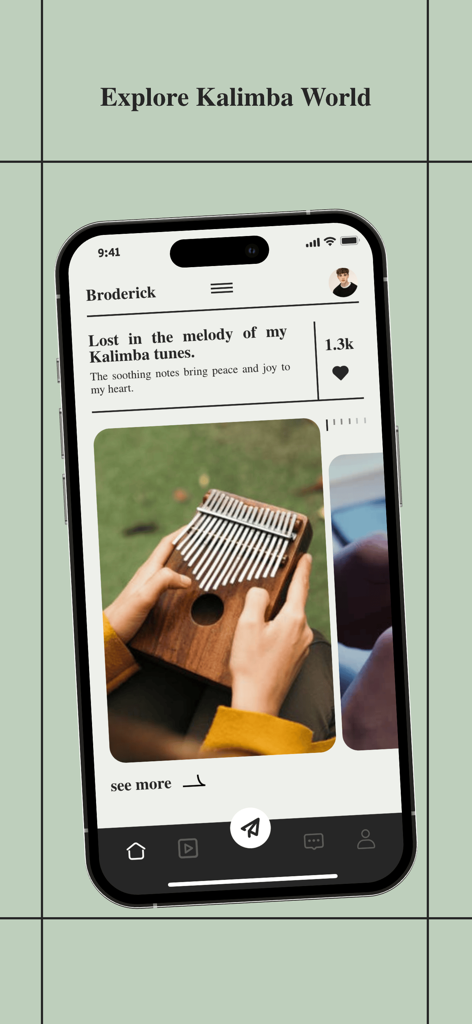 CHIO app interface showing a social media post of someone playing a Kalimba thumb piano with the heading Explore Kalimba World