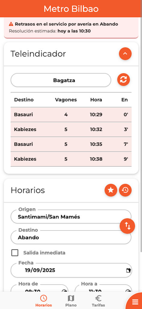 Bilbao Metro, Tren y Tranvía - Interfaz de la aplicación del Metro de Bilbao mostrando llegadas de tren en tiempo real para la estación de Bagatza y un planificador de ruta entre San Mamés y Abando.