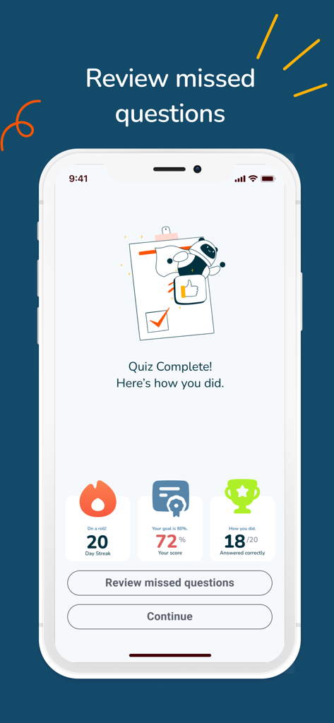 Quiz results screen in the Principles of Supervision DSST app showing a score of 72 percent and an option to review missed questions