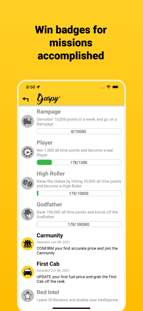 Gaspy app screen showing mission badges and user achievements