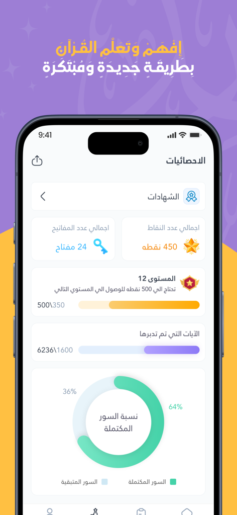 تدبر القرآن - Mobile app interface showing user progress, points, and study statistics for Quranic reflection.