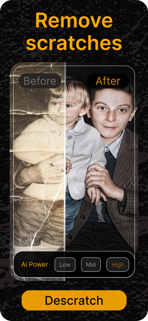 Comparación de antes y después de un retrato antiguo de un niño al que se le han eliminado los arañazos y mejorado la claridad con RetroFix AI