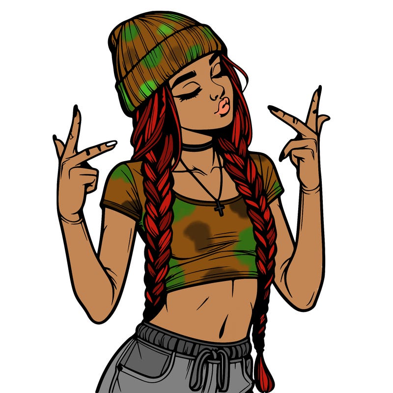 realistic teenage girl with braids and a beanie and crop top doing 🫶🏼