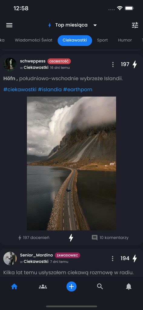 Hejto - A screenshot of the Hejto mobile app displaying a community post about a scenic road in Iceland with engagement metrics like lightning bolt upvotes and comments.