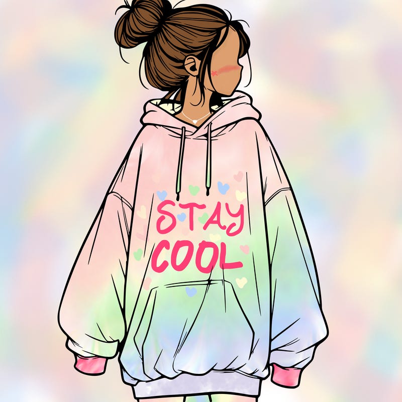 realistic girl with a oversized sweatshirt on and a bun