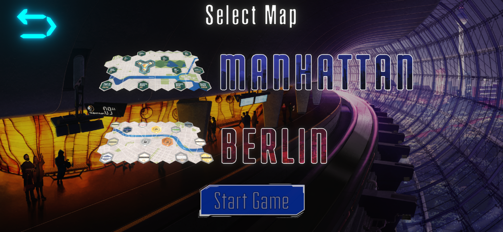 Maglev Metro - Map selection screen in Maglev Metro featuring Manhattan and Berlin game boards.