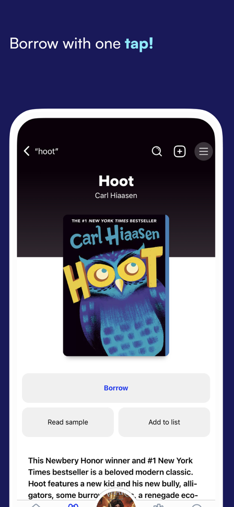 Sora app interface showing the borrow button for the digital book Hoot