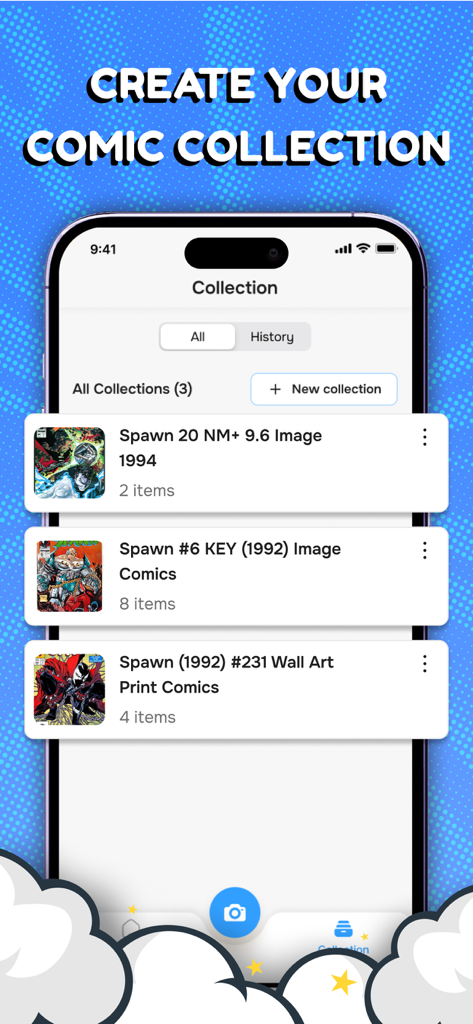 Comic book scanner app screen displaying a digital library of collected comics