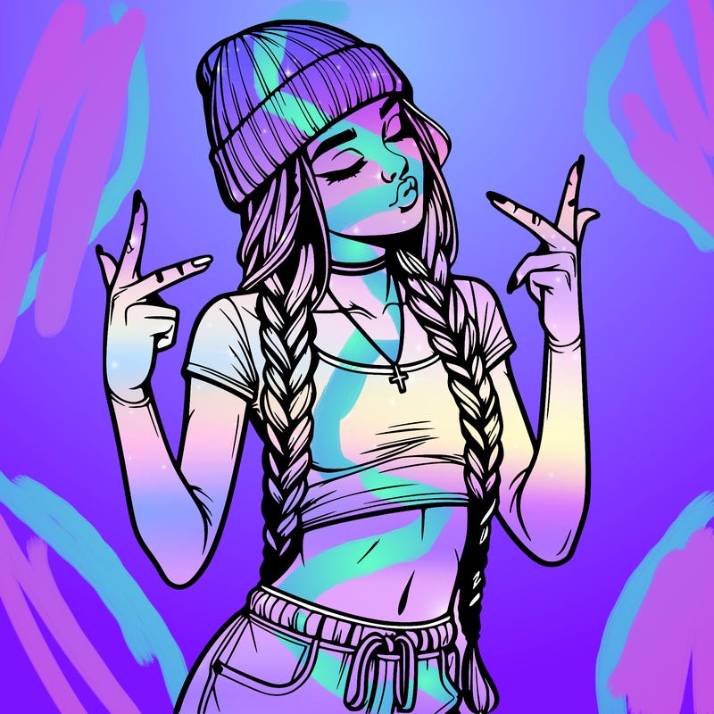 realistic teenage girl with braids and a beanie and crop top doing 🫶🏼