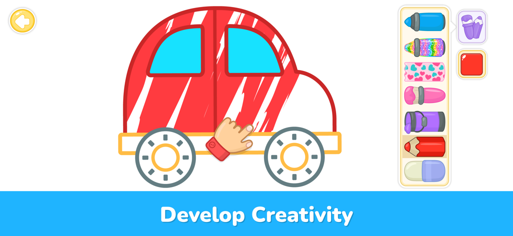 Kids Drawing - Coloring Games - A child's hand coloring a red car in a digital drawing app with the text Develop Creativity