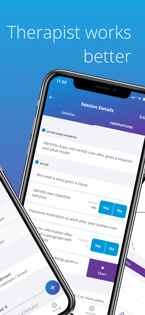 Note ABA - Note ABA app session details interface showing trial data collection for behavioral health goals