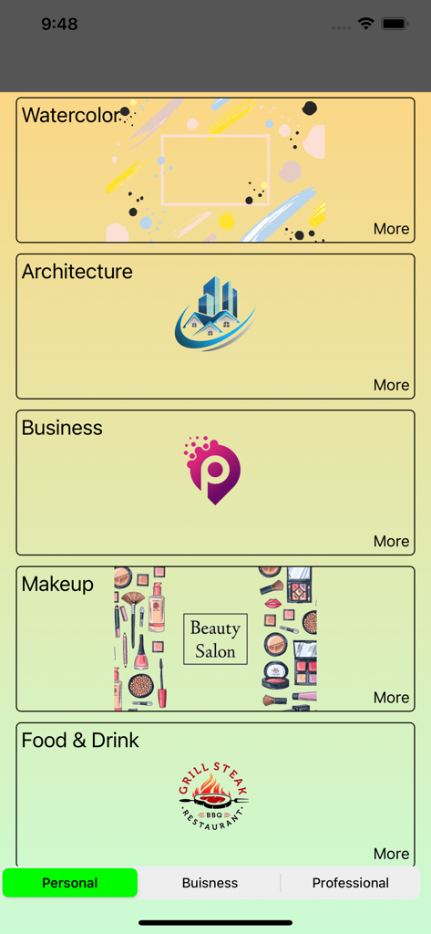 Interface do aplicativo criador de logos mostrando várias categorias de design, incluindo Aquarela, Arquitetura, Negócios e Maquiagem.