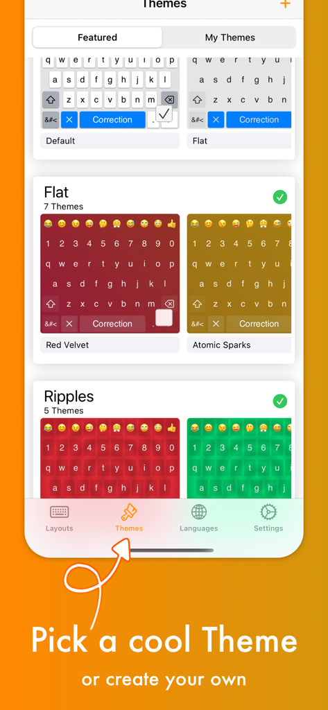 MyKeyboard - Custom Keyboard - A screen showing various colorful keyboard themes like Red Velvet and Atomic Sparks within the app