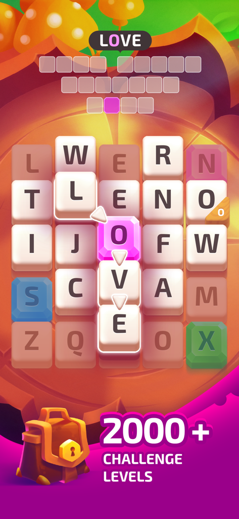 Ecrã de jogo do quebra-cabeças Under a Spell mostrando uma grelha de letras e formação de palavras