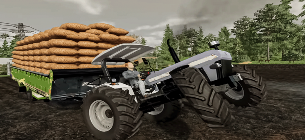 Cargo Tractor Simulator Driver - A blue tractor pulling a heavy trailer loaded with sacks performing a wheelie on offroad terrain in a simulator game.