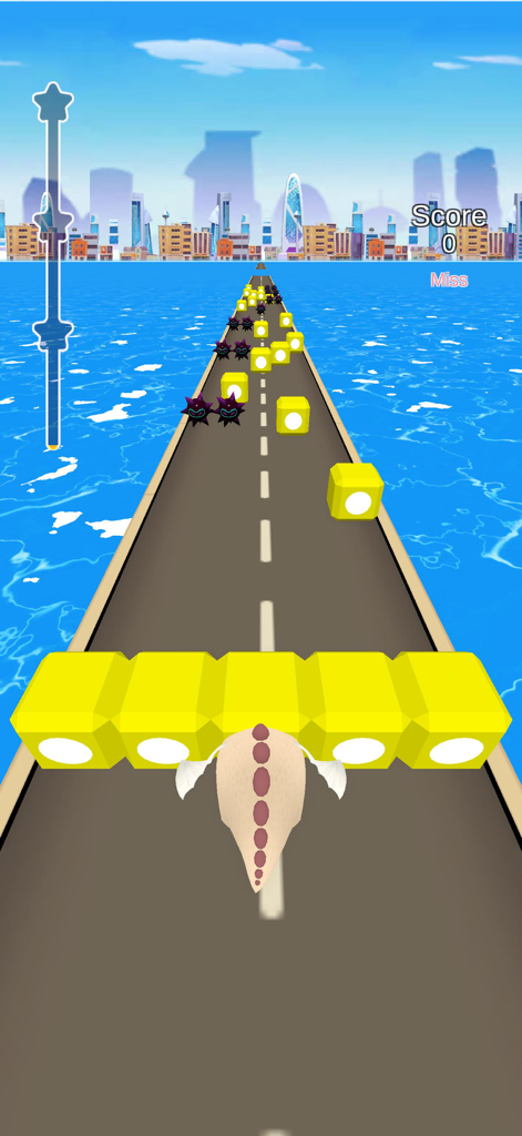 Beat Rush - Flying dinosaur character hitting yellow music cubes in the rhythm game Beat Rush