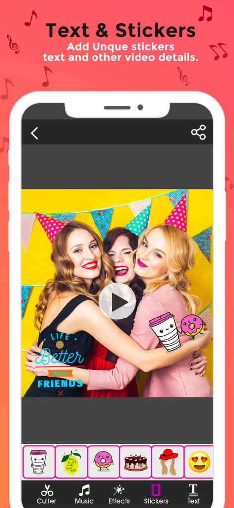 Clip Cutter app interface for adding text and stickers to videos